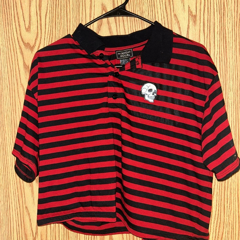 Red and Black Striped Button Up Crop Top with Black Trim With Skull
